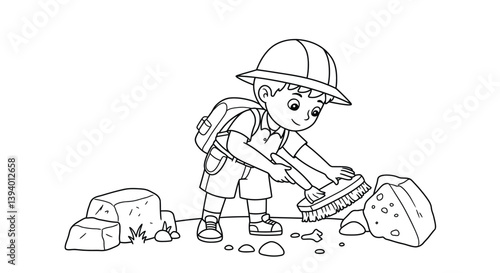 Future Archeologist: A young explorer meticulously brushes away dirt from a stone, embodying the curiosity and passion of discovery. Depicting a scene that sparks curiosity and a sense of wonder.