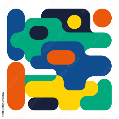 Abstract vector composition of colorful geometric shapes in blue, green, orange, yellow, and black with rounded forms and overlapping patterns on a white background