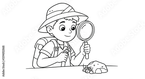 Curious Explorer: A young explorer, equipped with a magnifying glass and backpack, engages in a thrilling scientific observation.  He examines the intricate details of a tiny creature. 