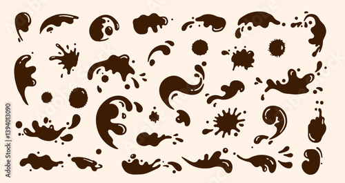 Vector set of brown splatter shapes and splash effects on a beige background, representing chocolate, mud, or paint in various abstract forms and dynamic motion styles