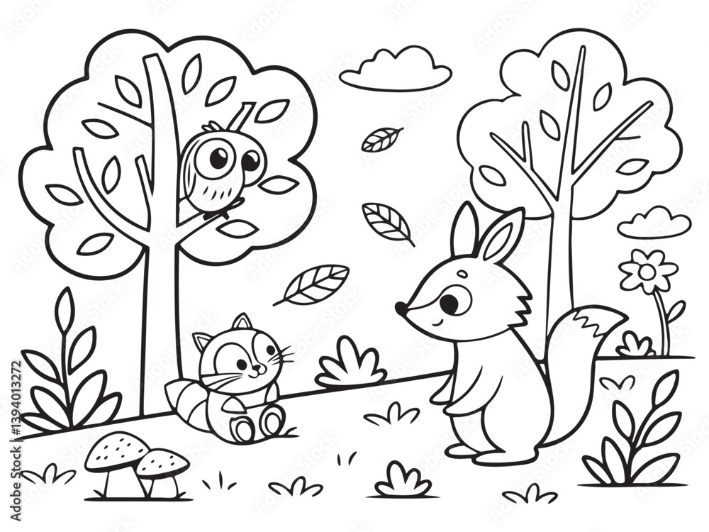 Fototapeta premium Adorable Forest Animal Coloring Page, Printable Woodland Creatures Scene, Cute Fox, Hedgehog, and Bird Line Art