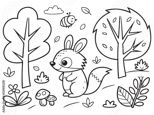 Adorable Forest Animal Coloring Page, Printable Woodland Creatures Scene, Cute Fox, Hedgehog, and Bird Line Art