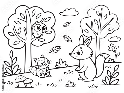 Adorable Forest Animal Coloring Page, Printable Woodland Creatures Scene, Cute Fox, Hedgehog, and Bird Line Art
