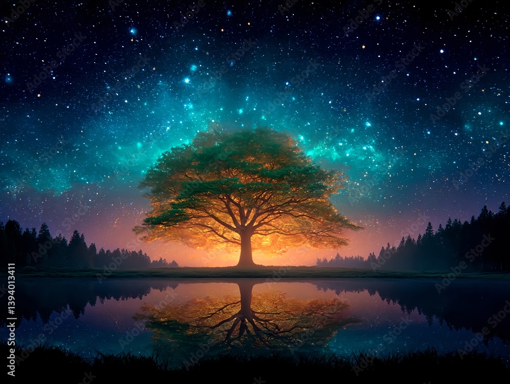 Fototapeta premium A Tree of Life stands tall, surrounded by lush greenery, reflected in crystal clear water under a starry sky