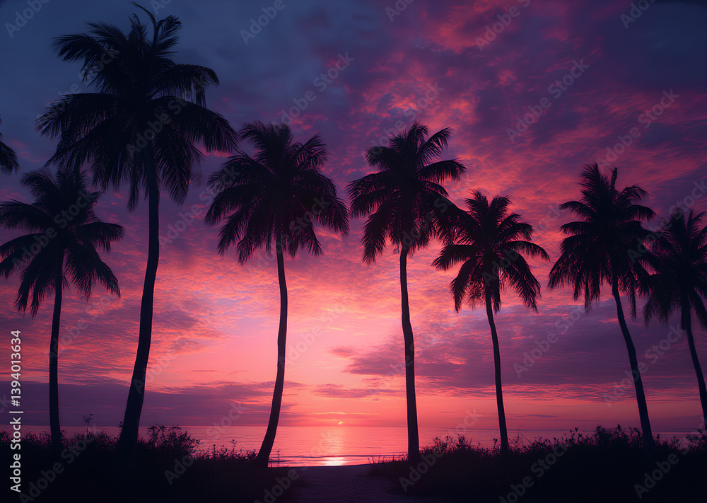 Obraz premium Row of Palm Trees in Sunset Silhouette by Ocean, Generative AI