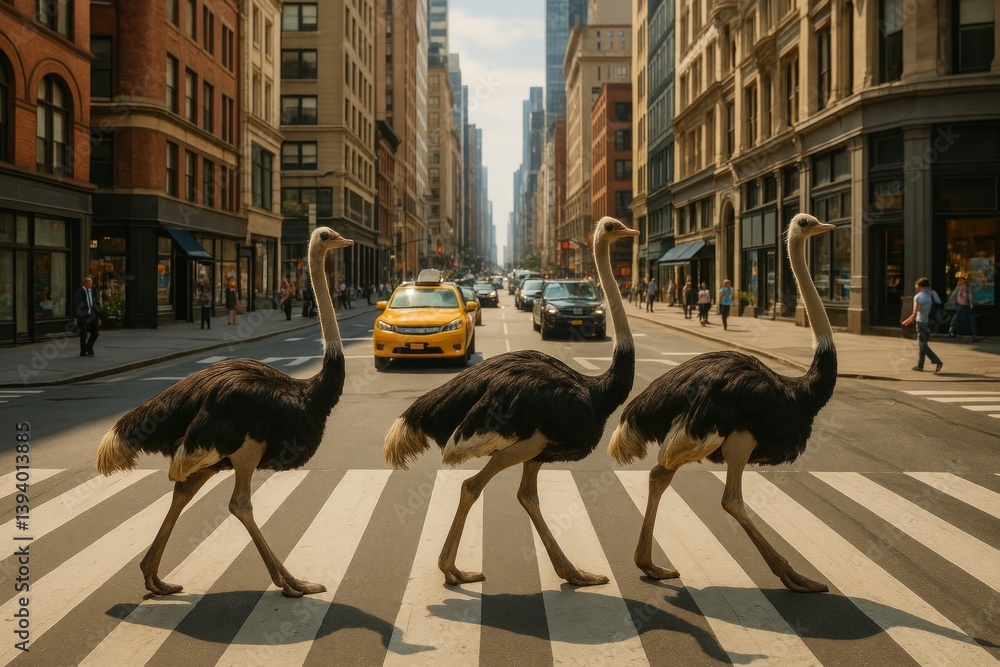 Fototapeta premium Ostriches crossing urban street
