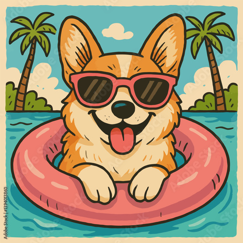 Cartoon Dog Relaxing in Water with Sunglasses and Inflatable Ring