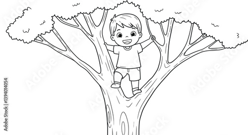 Climbing high into tree: This captivating monochrome illustration depicts a young boy happily perched atop a towering tree.
