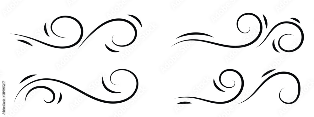 Wind linear sketch set, wind blow line icon. Isolated vector illustration. Wind motion, air blow, swirl elements. Air blow motion, smoke flow art, windy weather symbol, abstract curved line in eps 10. Wind linear sketch set, wind blow line icon. Isolated vector illustration. Wind motion, air blow, swirl elements. Air blow motion, smoke flow art, windy weather symbol, abstract curved line in eps 10.