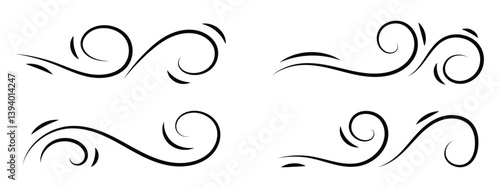 Wind linear sketch set, wind blow line icon. Isolated vector illustration. Wind motion, air blow, swirl elements. Air blow motion, smoke flow art, windy weather symbol, abstract curved line in eps 10.