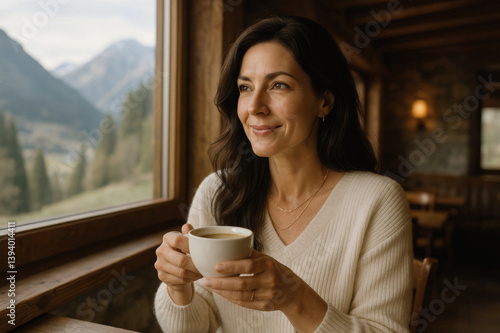 Elegant Woman in Her 40s Sipping Coffee in a Cozy Mountain Café, Lifestyle and Relaxation in a Scenic Setting