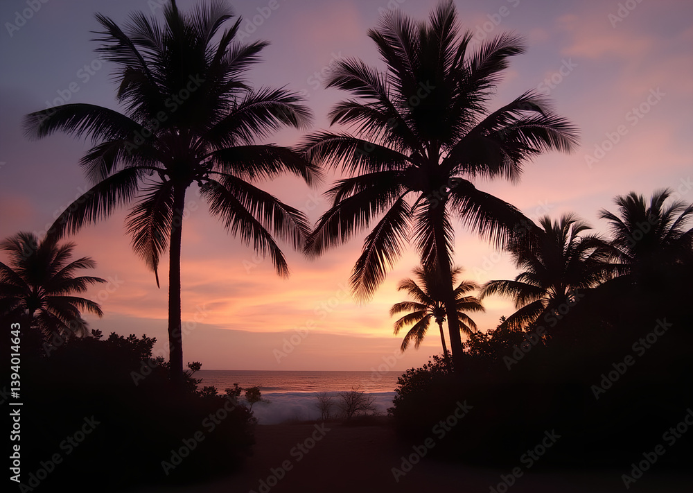 Palm Tree Silhouettes at Vibrant Sunset Beach, Generative AI Palm Tree Silhouettes at Vibrant Sunset Beach, Generative AI