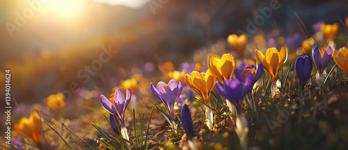 Wallpaper Mural Beautiful spring background with close-up of blooming yellow and purple crocus. First flowers on a meadow in park under bright sun in spring time Torontodigital.ca
