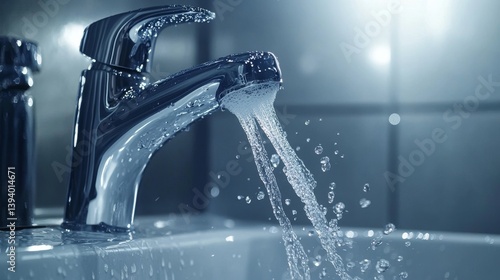 Splashing water droplets under running faucet. international hygiene and sanitation day