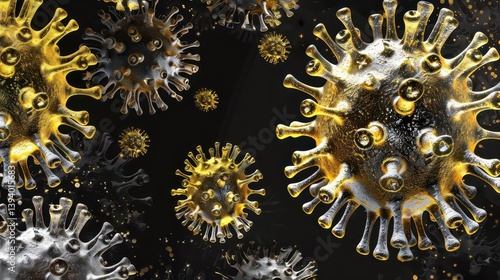 Abstract representation of viruses in gold and silver colors on a dark background.