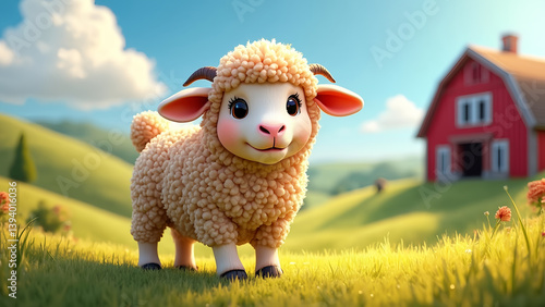 A cute little white goat is standing in a grassy field next to a red barn. The goat is smiling and he is happy