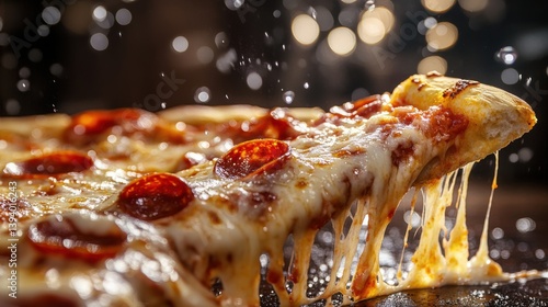 A close-up of a hot and cheesy pizza slice with splashes of water droplets 