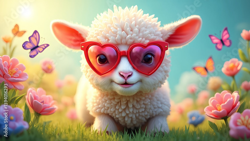 A cute white goat wearing sunglasses and a heart shaped hat is sitting in a field of flowers. The scene is bright and cheerful, with butterflies fluttering around the flowers