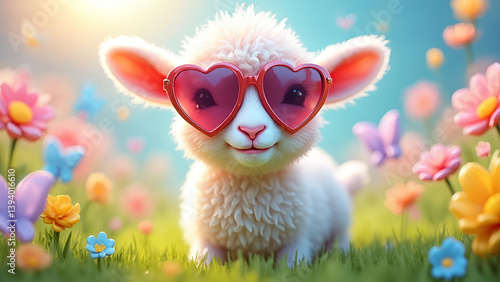 A cute white goat wearing sunglasses and a heart shaped hat is sitting in a field of flowers. The scene is bright and cheerful, with butterflies fluttering around the flowers