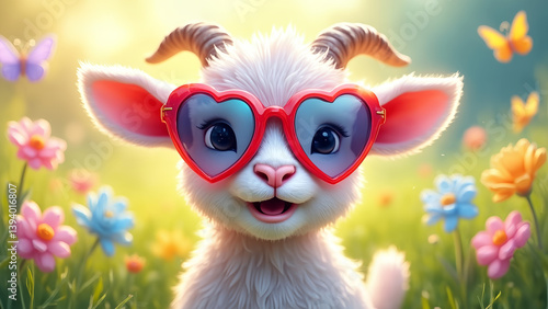 A cute white goat wearing sunglasses and a heart shaped hat is sitting in a field of flowers. The scene is bright and cheerful, with butterflies fluttering around the flowers