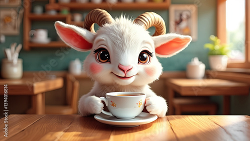 A cartoon goat is sitting at a table with a cup of coffee. The goat is smiling and seems to be enjoying its drink. The scene is lighthearted and playful