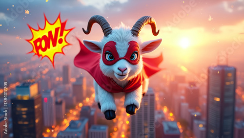 A goat is flying through the sky wearing a red cape and a red mask. The goat is surrounded by a cityscape, with tall buildings and a river in the background. The scene is bright and colorful