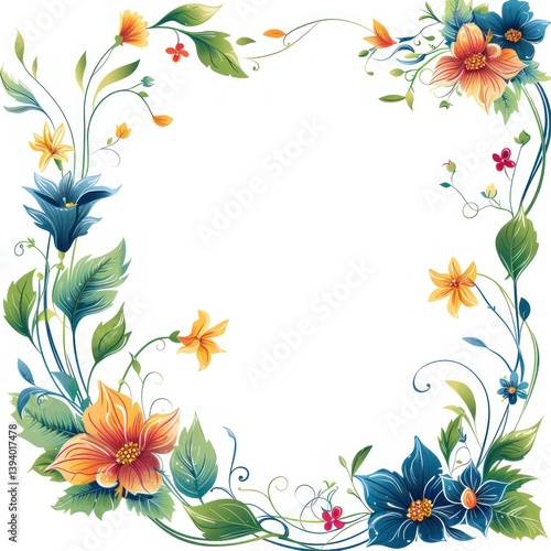 Ornate floral frame, vibrant colors, elegant design, isolated on white background
