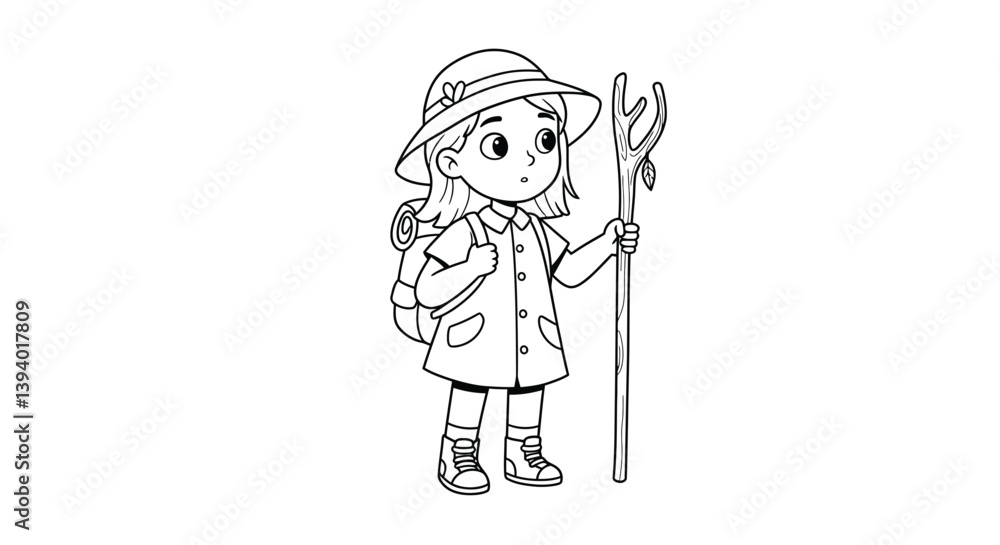 Young Explorer's Adventure: A black and white illustration of a young explorer equipped with a backpack and walking stick, ready to venture forth on a journey. Young Explorer's Adventure: A black and white illustration of a young explorer equipped with a backpack and walking stick, ready to venture forth on a journey.