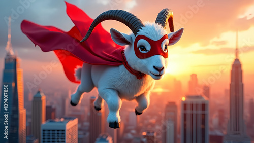 A goat is flying through the sky wearing a red cape and a red mask. The goat is surrounded by a cityscape, with tall buildings and a river in the background. The scene is bright and colorful