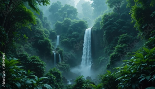 Lush Rainforest Waterfall Cascade, Misty Green Canopy