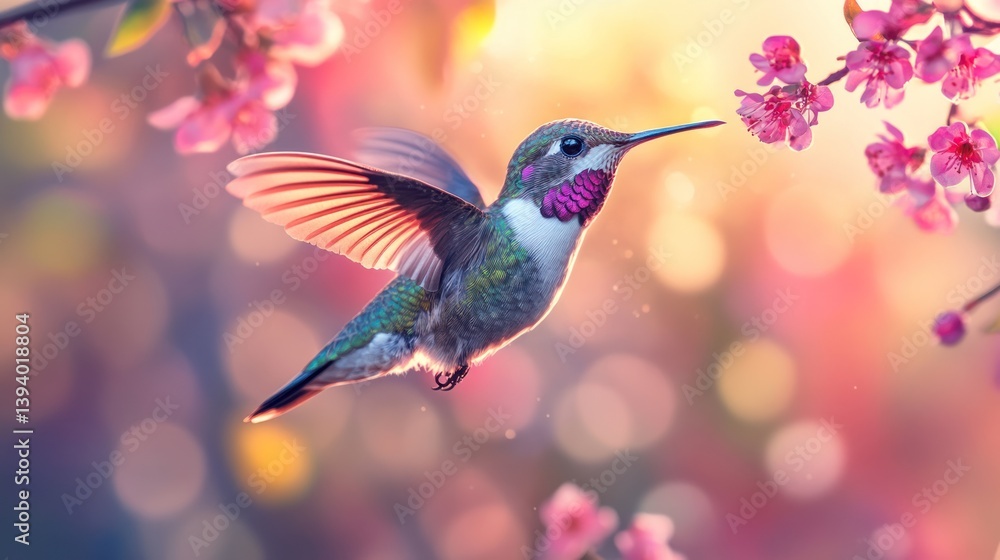 Fototapeta premium Hummingbird in flight, feeding on blossom tree in springtime, vibrant sunset glow