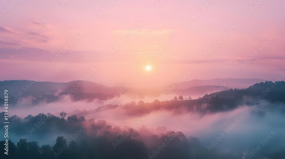 Obraz premium Serene sunrise over misty hills, showcasing nature's beauty and tranquility.
