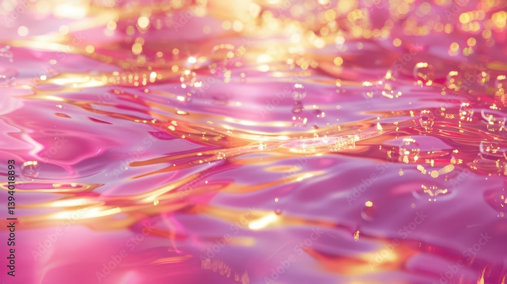 A vibrant, shimmering surface of pink water with floating bubbles and reflections. A vibrant, shimmering surface of pink water with floating bubbles and reflections.