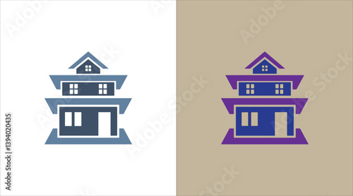 A minimalist vector illustration of a modern multi-storey house logo in two color styles – blue-gray and purple-blue. Ideal for real estate branding, property management, construction business