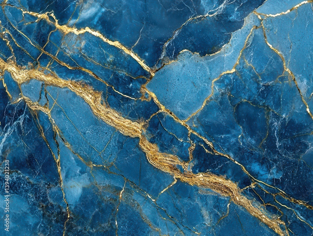 Fototapeta premium Striking blue marble slab with golden veins. Its intricate patterns and luxurious aesthetic suggest elegance, ideal for surface and design uses.