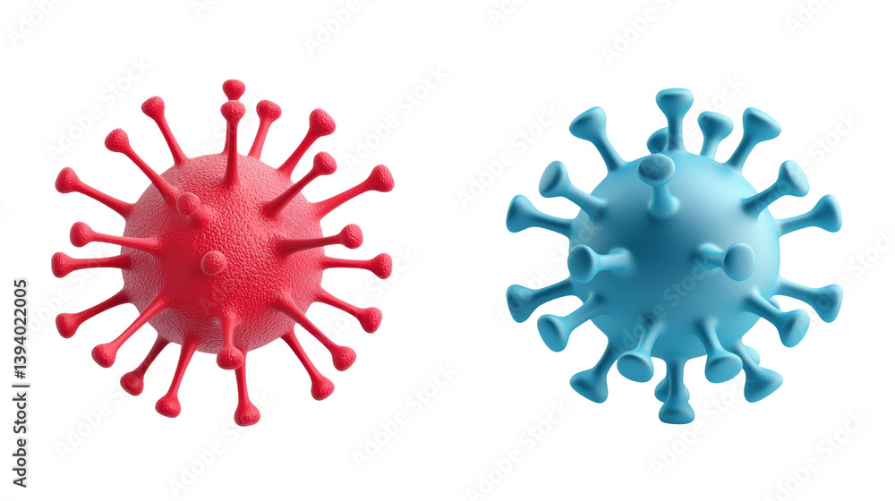 Two Viruses: Detailed digital rendering showcasing two viruses, a vivid portrayal of cellular structures with a striking contrast in color, suitable for educational or scientific content. Two Viruses: Detailed digital rendering showcasing two viruses, a vivid portrayal of cellular structures with a striking contrast in color, suitable for educational or scientific content.