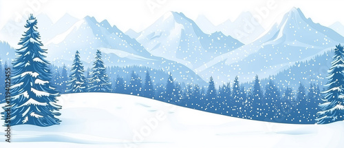 Snowy mountain landscape. Vector blue silhouette of mountains, hills and forest. Holiday background with pine, spruce, Christmas tree. Winter nature. Banner with evergreen coniferous trees for website