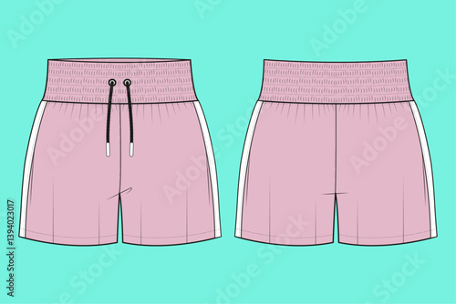 Mens Muay Thai shorts flat sketch outline CAD mockup template.