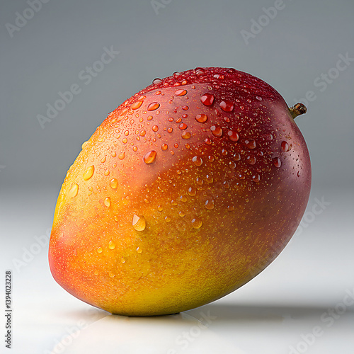 Tropical Mango: A close-up shot of a vibrant, ripe mango glistening with droplets of water, showcasing its rich colors and inviting texture. 