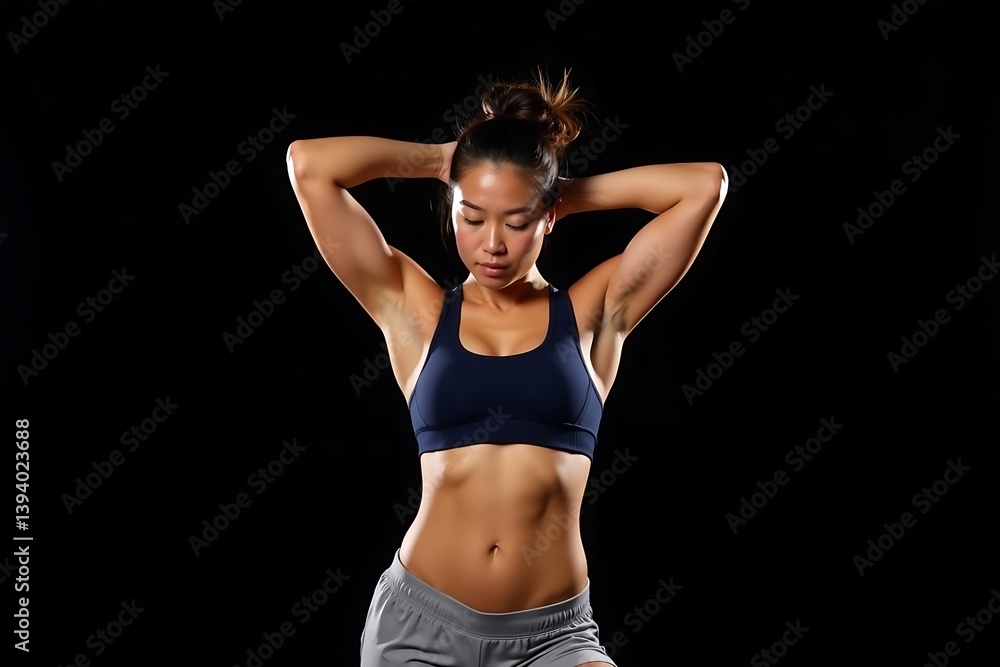 Fototapeta premium Athletic Woman With Dark Hair In A Bun, Wearing A Sports Bra And Shorts, Poses With Her Hands Behind Her Head Against Black Background. Physical fitness, female empowerment