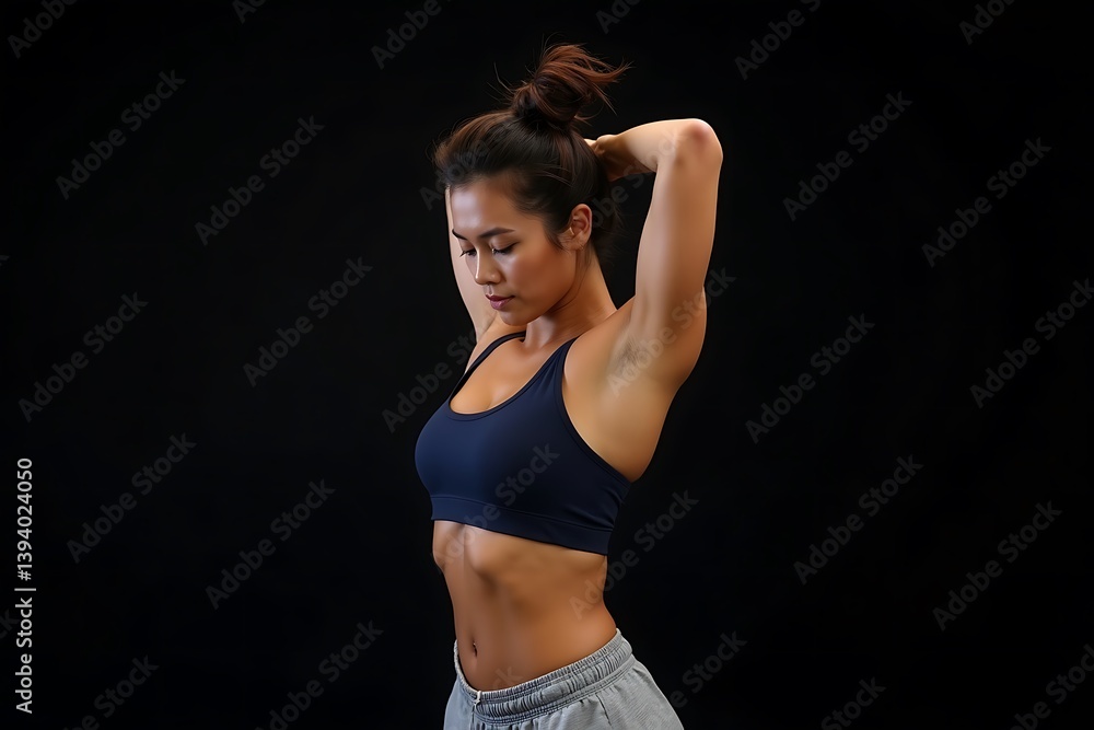 Fototapeta premium Athletic Woman With Dark Hair In A Bun, Wearing A Sports Bra And Shorts, Poses With Her Hands Behind Her Head Against Black Background. Physical fitness, female empowerment