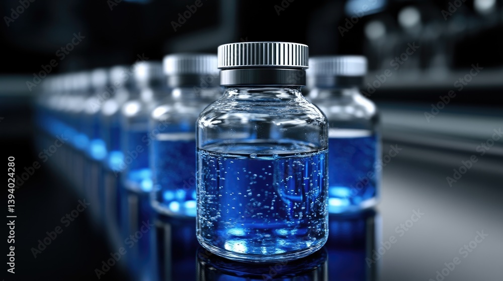 Pharmaceutical vials lined up on a production line. Clear glass bottles filled with a vibrant blue liquid. Metallic caps. Laboratory setting Pharmaceutical vials lined up on a production line. Clear glass bottles filled with a vibrant blue liquid. Metallic caps. Laboratory setting