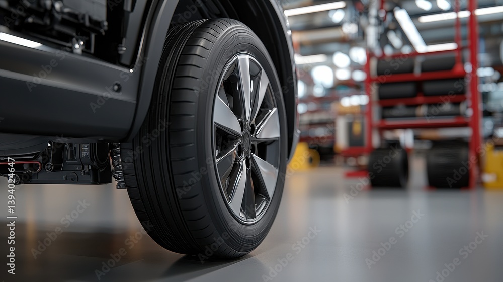 Close-Up View of Car Wheel and Tire in Automotive Manufacturing Facility Close-Up View of Car Wheel and Tire in Automotive Manufacturing Facility