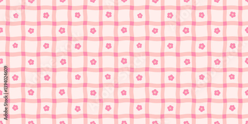 Coquette Floral Seamless Patterns with Plaid and Small Daisy Flowers. Cottagecore Vector Background in Vintage Ditsy Style of Pink Colors for Print on Textile, Paper, Web Design
