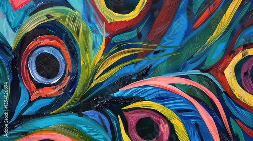 An abstract representation of a peacock feathers with vibrant colors and flowing shapes. 