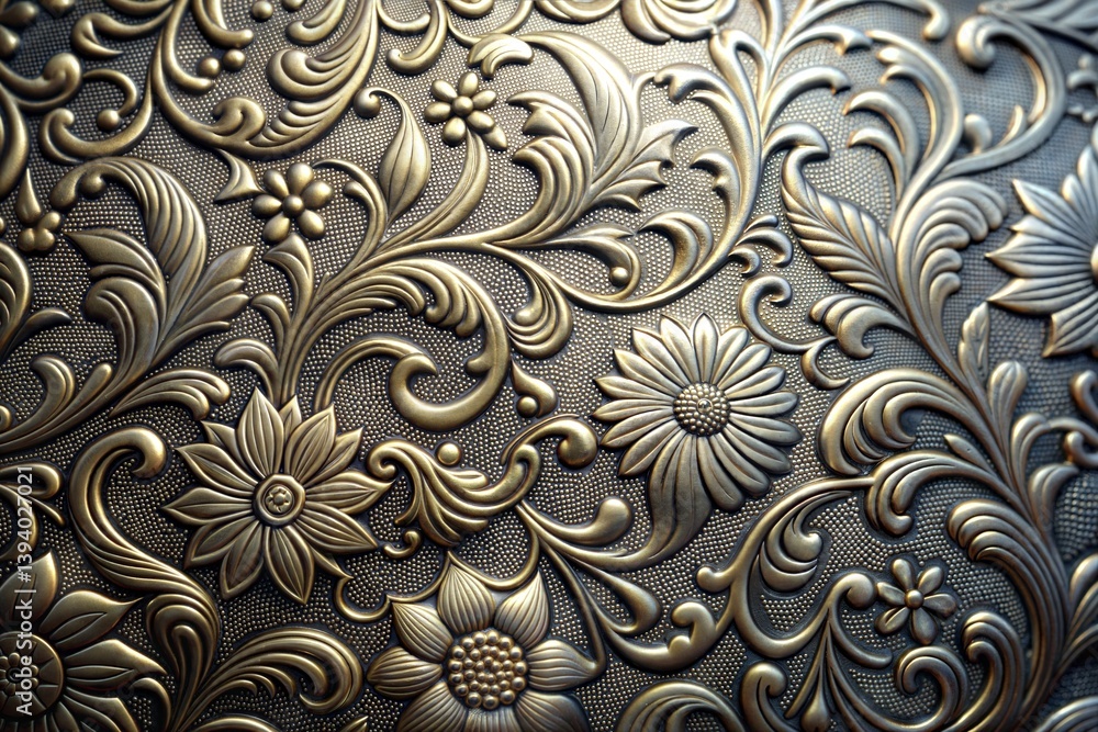 Embossed golden floral metallic surface with chrome texture Embossed golden floral metallic surface with chrome texture
