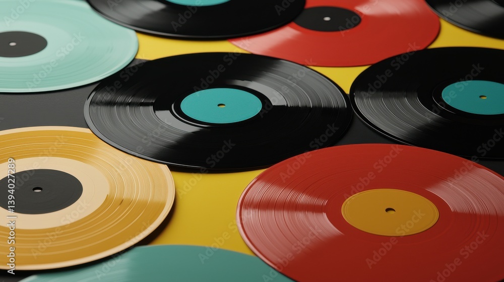 Fototapeta premium Colorful Vinyl Records Spread Across Bright Yellow Surface for Music Enthusiasts and Collectors