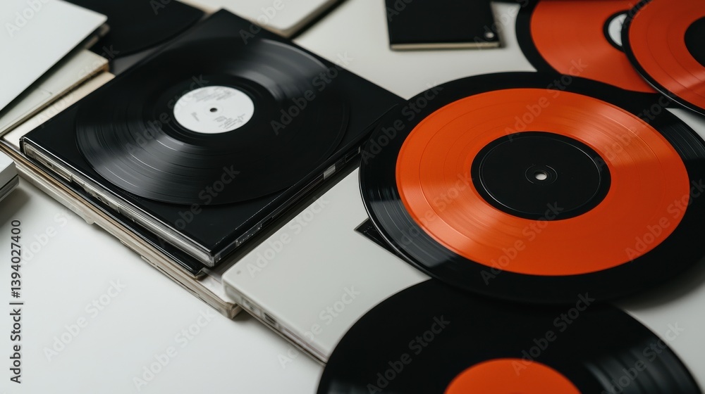 Fototapeta premium Colorful Vinyl Records Spread Out on a Table with Album Covers and a Modern Background