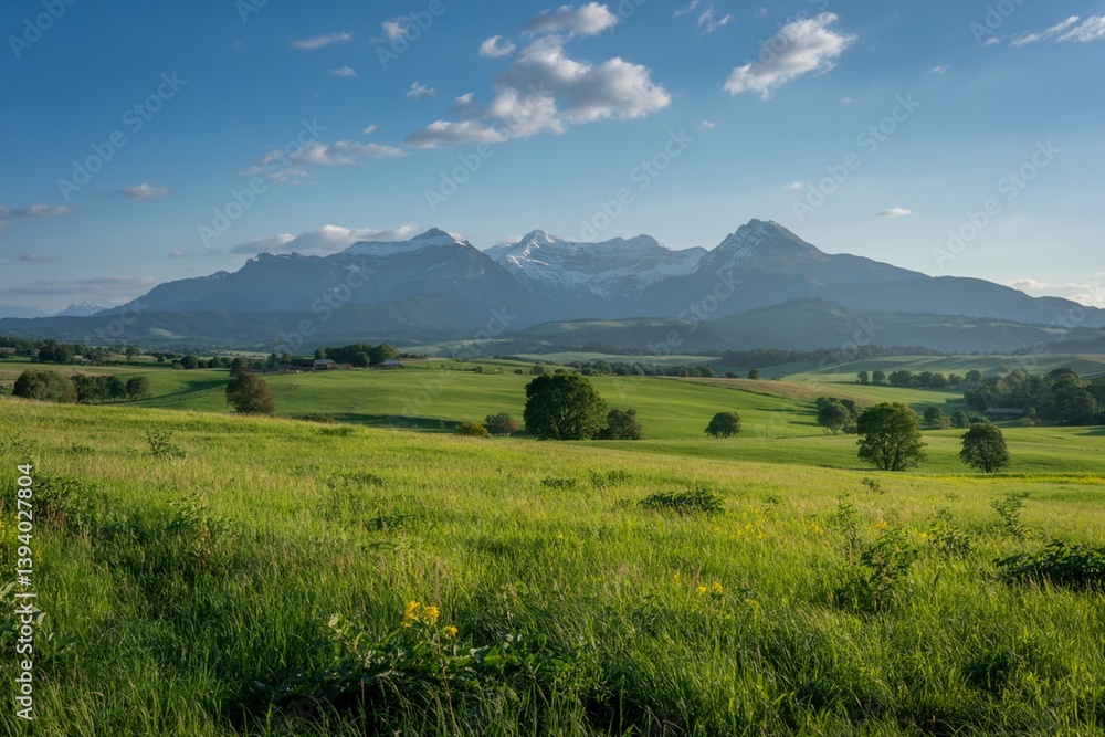 Fototapeta premium Scenic Alpine Meadow With Snowy Mountain Peaks And Blue Sky View