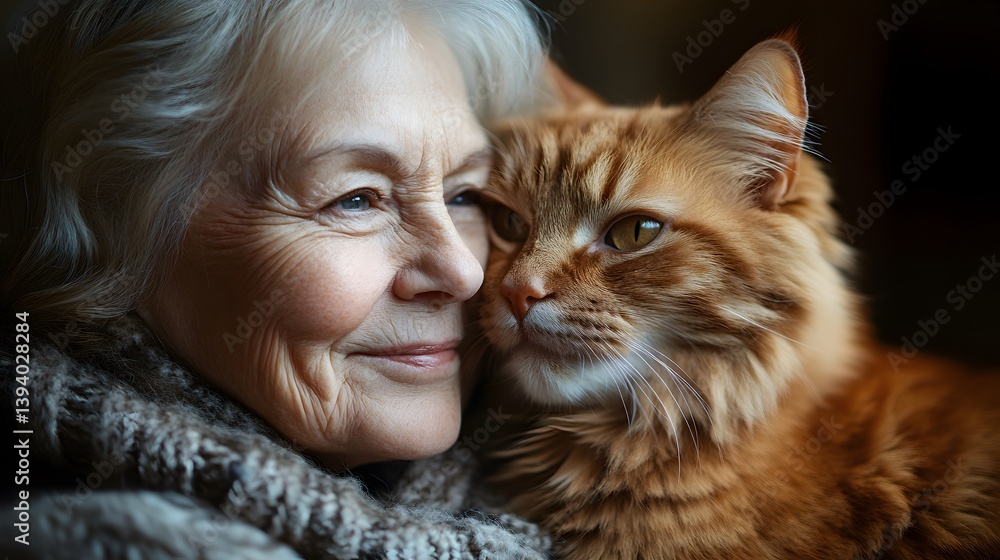 Elderly woman sharing gentle moment with ginger cat rubbing against her cheek on National Pet Day, symbolizing senior companionship, therapy, love, comfort, and pet owner bond
Elderly woman sharing gentle moment with ginger cat rubbing against her cheek on National Pet Day, symbolizing senior companionship, therapy, love, comfort, and pet owner bond